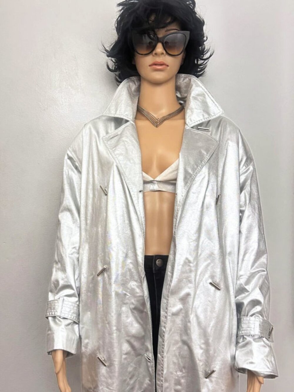Vintage 80s Pizazz Silver Metallic Trench Coat Futuristic Glam Minimalist Jacket